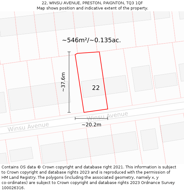 22, WINSU AVENUE, PRESTON, PAIGNTON, TQ3 1QF: Plot and title map