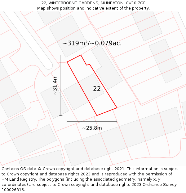 22, WINTERBORNE GARDENS, NUNEATON, CV10 7GF: Plot and title map