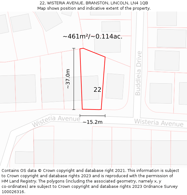 22, WISTERIA AVENUE, BRANSTON, LINCOLN, LN4 1QB: Plot and title map