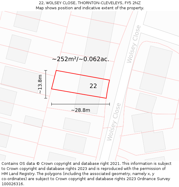 22, WOLSEY CLOSE, THORNTON-CLEVELEYS, FY5 2NZ: Plot and title map