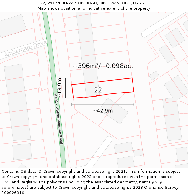 22, WOLVERHAMPTON ROAD, KINGSWINFORD, DY6 7JB: Plot and title map