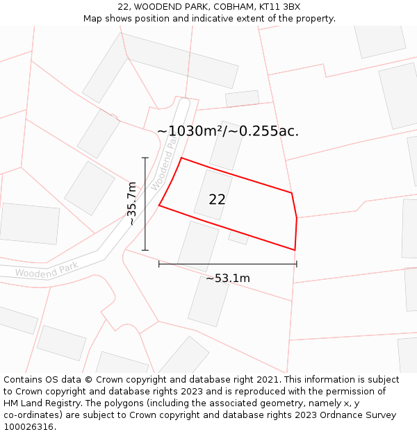 22, WOODEND PARK, COBHAM, KT11 3BX: Plot and title map