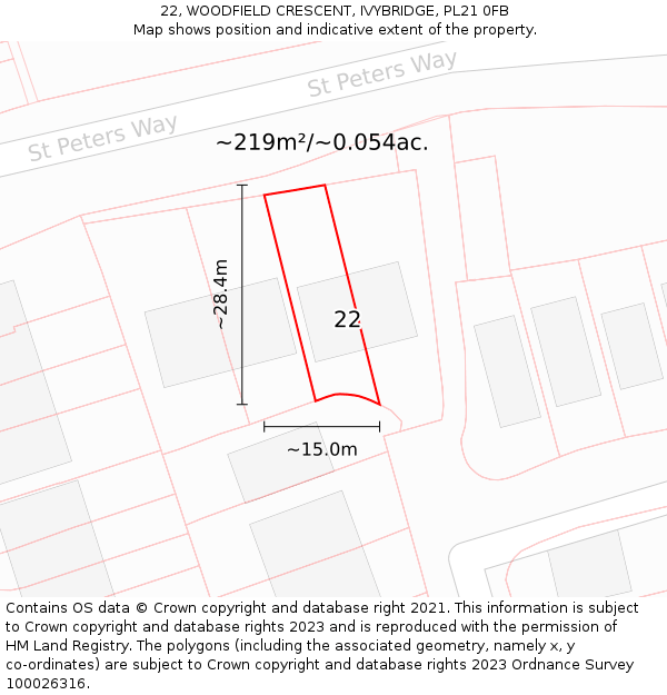 22, WOODFIELD CRESCENT, IVYBRIDGE, PL21 0FB: Plot and title map