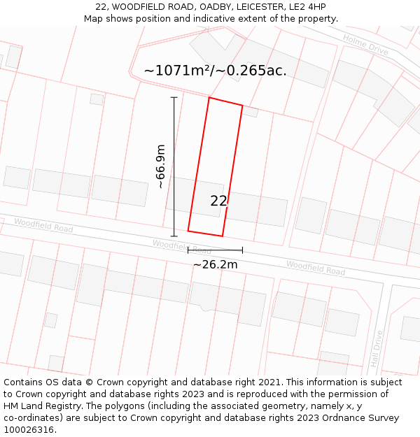 22, WOODFIELD ROAD, OADBY, LEICESTER, LE2 4HP: Plot and title map