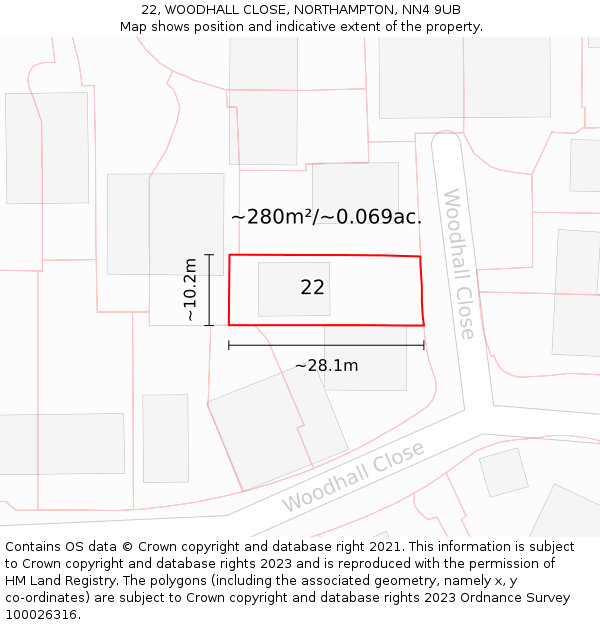 22, WOODHALL CLOSE, NORTHAMPTON, NN4 9UB: Plot and title map