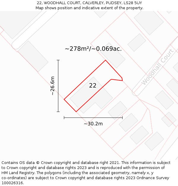 22, WOODHALL COURT, CALVERLEY, PUDSEY, LS28 5UY: Plot and title map