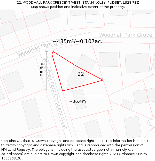 22, WOODHALL PARK CRESCENT WEST, STANNINGLEY, PUDSEY, LS28 7EZ: Plot and title map