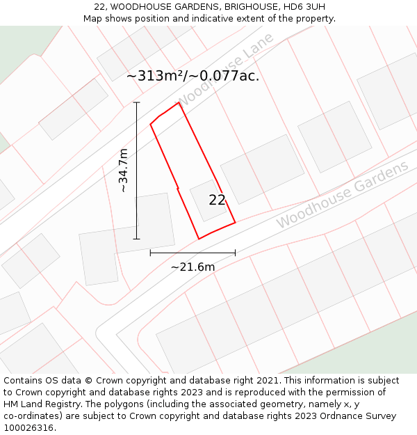 22, WOODHOUSE GARDENS, BRIGHOUSE, HD6 3UH: Plot and title map