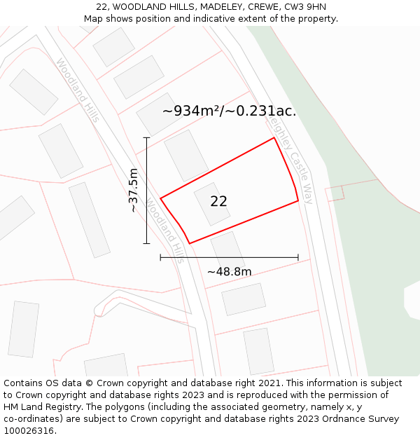 22, WOODLAND HILLS, MADELEY, CREWE, CW3 9HN: Plot and title map