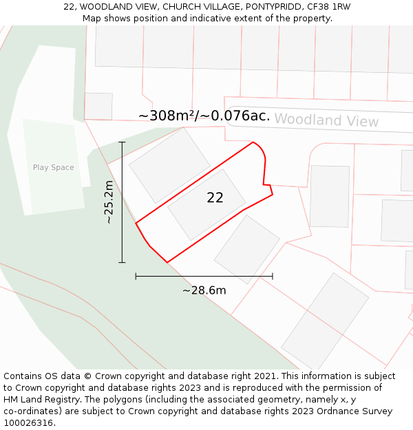 22, WOODLAND VIEW, CHURCH VILLAGE, PONTYPRIDD, CF38 1RW: Plot and title map