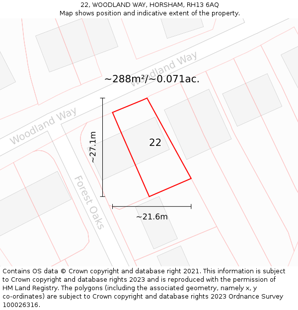 22, WOODLAND WAY, HORSHAM, RH13 6AQ: Plot and title map
