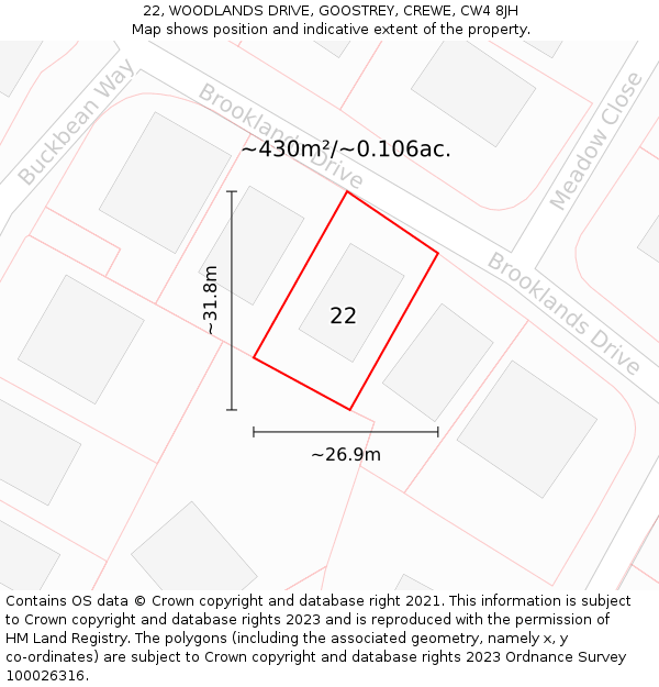 22, WOODLANDS DRIVE, GOOSTREY, CREWE, CW4 8JH: Plot and title map