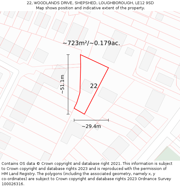 22, WOODLANDS DRIVE, SHEPSHED, LOUGHBOROUGH, LE12 9SD: Plot and title map