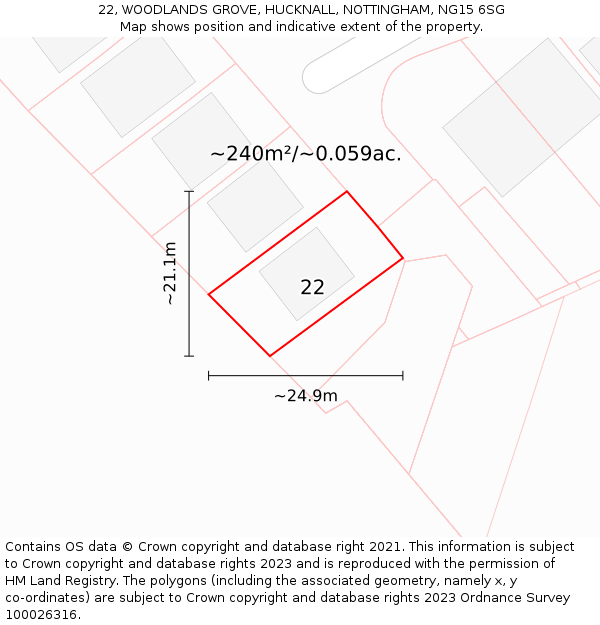 22, WOODLANDS GROVE, HUCKNALL, NOTTINGHAM, NG15 6SG: Plot and title map