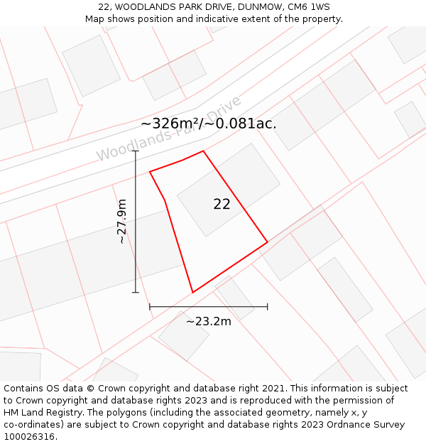 22, WOODLANDS PARK DRIVE, DUNMOW, CM6 1WS: Plot and title map