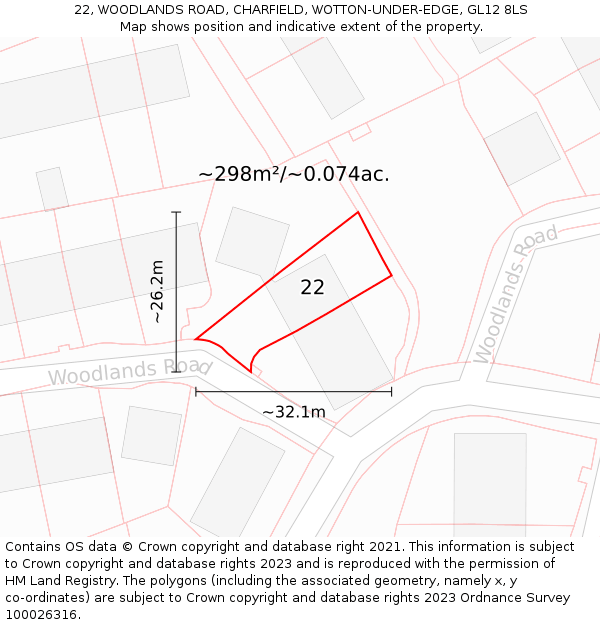 22, WOODLANDS ROAD, CHARFIELD, WOTTON-UNDER-EDGE, GL12 8LS: Plot and title map