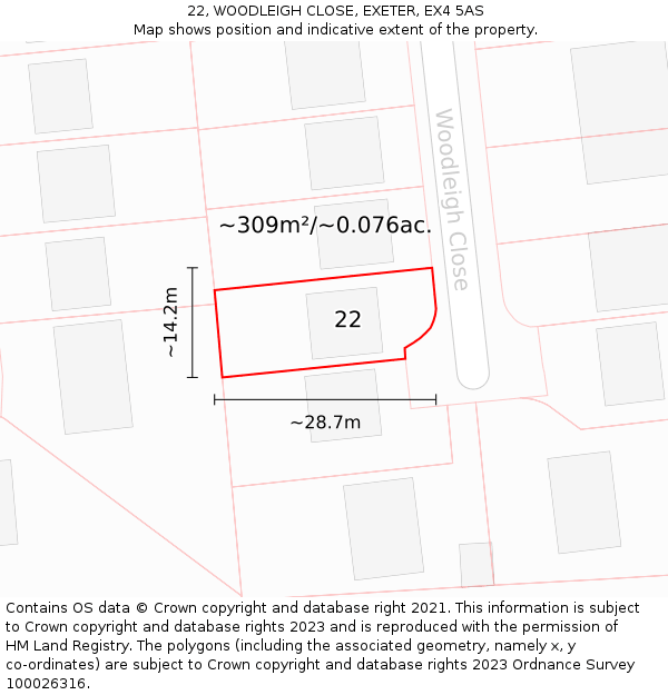 22, WOODLEIGH CLOSE, EXETER, EX4 5AS: Plot and title map