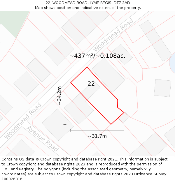 22, WOODMEAD ROAD, LYME REGIS, DT7 3AD: Plot and title map