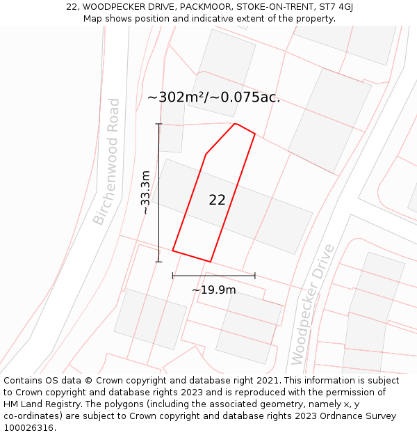 22, WOODPECKER DRIVE, PACKMOOR, STOKE-ON-TRENT, ST7 4GJ: Plot and title map