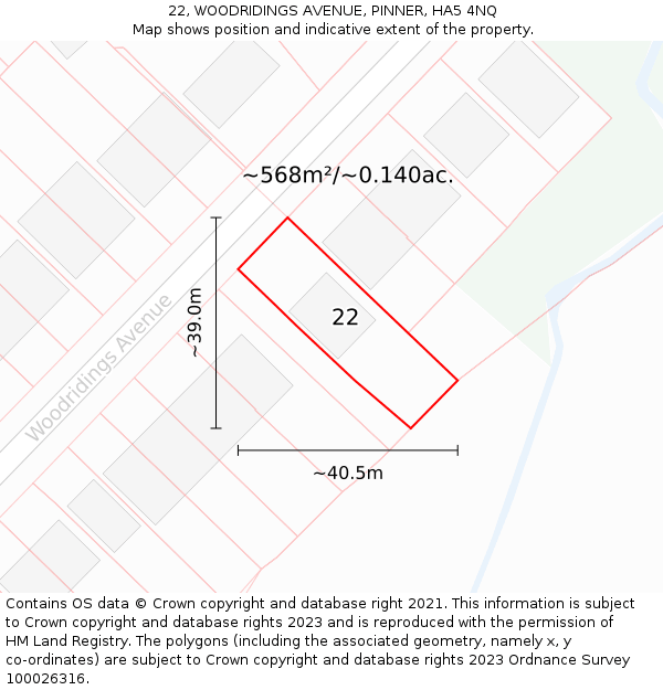 22, WOODRIDINGS AVENUE, PINNER, HA5 4NQ: Plot and title map