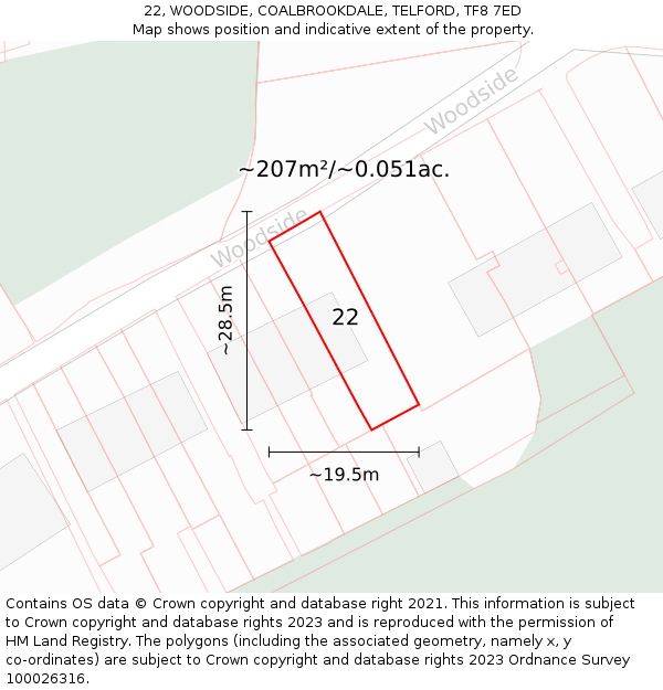 22, WOODSIDE, COALBROOKDALE, TELFORD, TF8 7ED: Plot and title map