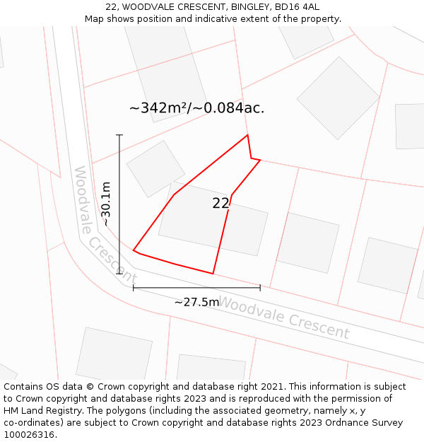 22, WOODVALE CRESCENT, BINGLEY, BD16 4AL: Plot and title map