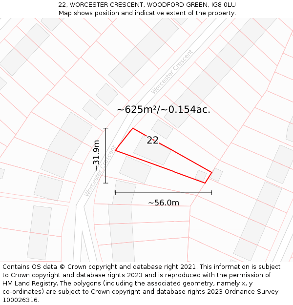 22, WORCESTER CRESCENT, WOODFORD GREEN, IG8 0LU: Plot and title map