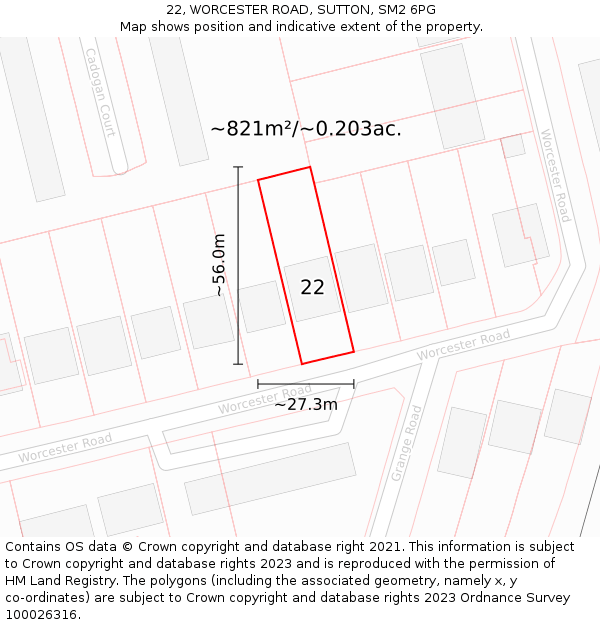 22, WORCESTER ROAD, SUTTON, SM2 6PG: Plot and title map