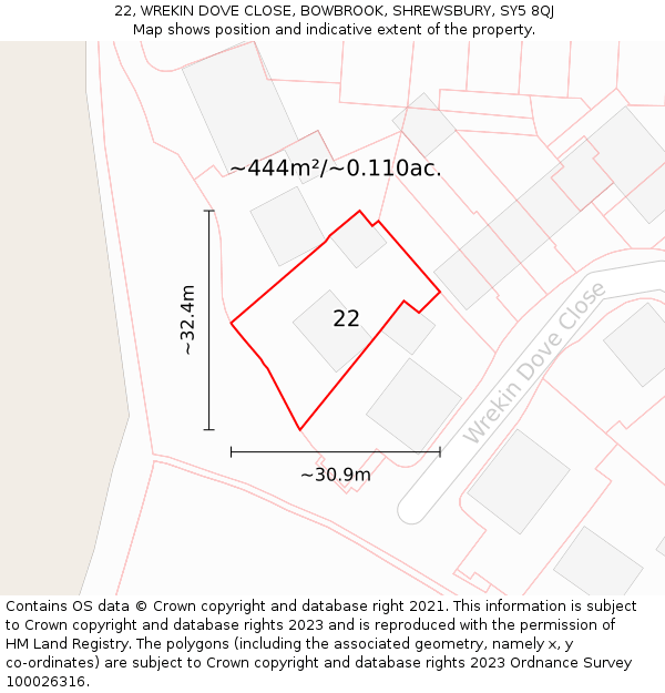 22, WREKIN DOVE CLOSE, BOWBROOK, SHREWSBURY, SY5 8QJ: Plot and title map