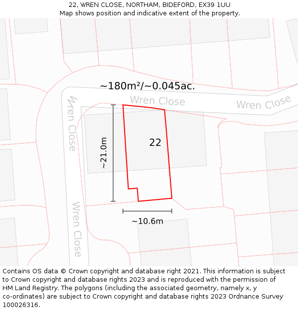 22, WREN CLOSE, NORTHAM, BIDEFORD, EX39 1UU: Plot and title map
