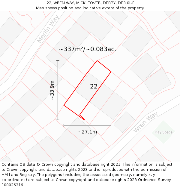 22, WREN WAY, MICKLEOVER, DERBY, DE3 0UF: Plot and title map