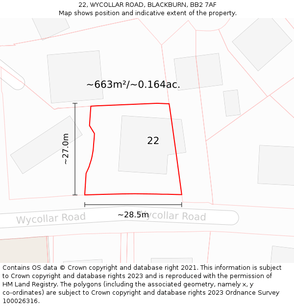 22, WYCOLLAR ROAD, BLACKBURN, BB2 7AF: Plot and title map