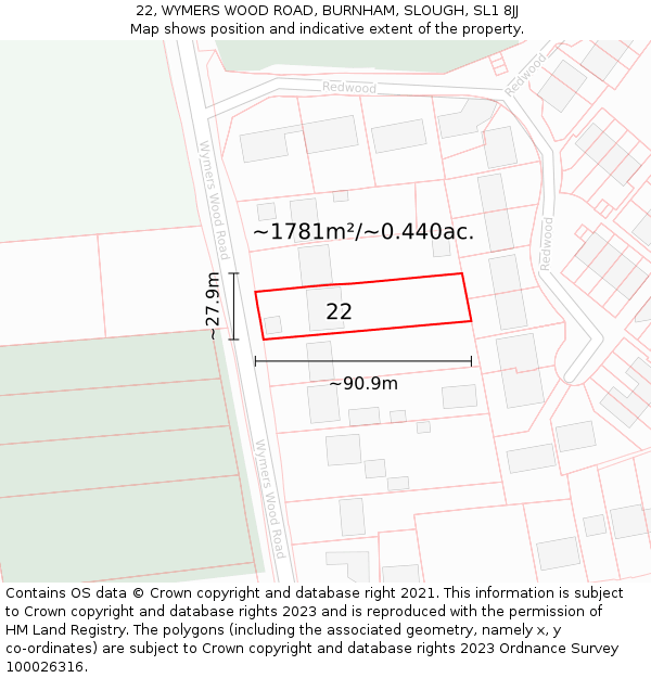 22, WYMERS WOOD ROAD, BURNHAM, SLOUGH, SL1 8JJ: Plot and title map