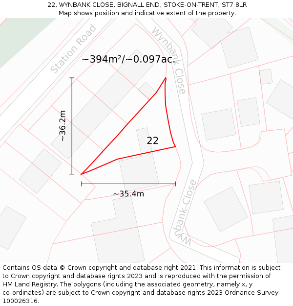 22, WYNBANK CLOSE, BIGNALL END, STOKE-ON-TRENT, ST7 8LR: Plot and title map