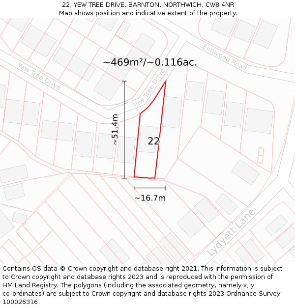 22, YEW TREE DRIVE, BARNTON, NORTHWICH, CW8 4NR: Plot and title map