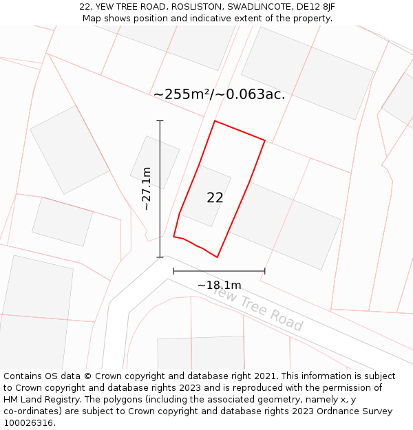 22, YEW TREE ROAD, ROSLISTON, SWADLINCOTE, DE12 8JF: Plot and title map