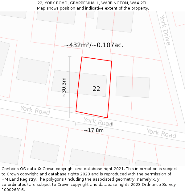 22, YORK ROAD, GRAPPENHALL, WARRINGTON, WA4 2EH: Plot and title map