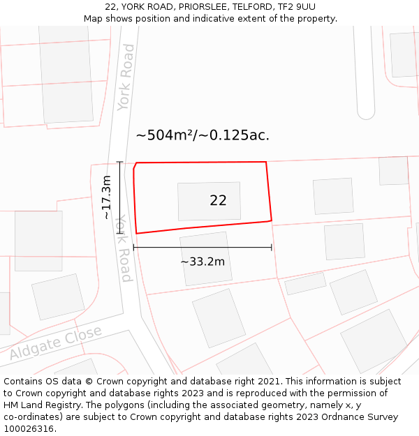 22, YORK ROAD, PRIORSLEE, TELFORD, TF2 9UU: Plot and title map