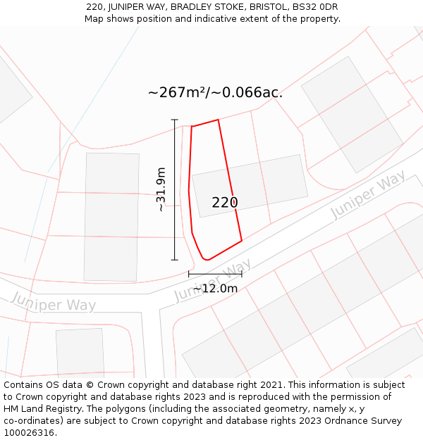 220, JUNIPER WAY, BRADLEY STOKE, BRISTOL, BS32 0DR: Plot and title map