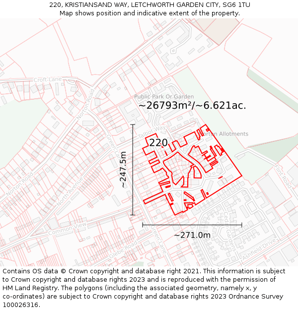 220, KRISTIANSAND WAY, LETCHWORTH GARDEN CITY, SG6 1TU: Plot and title map