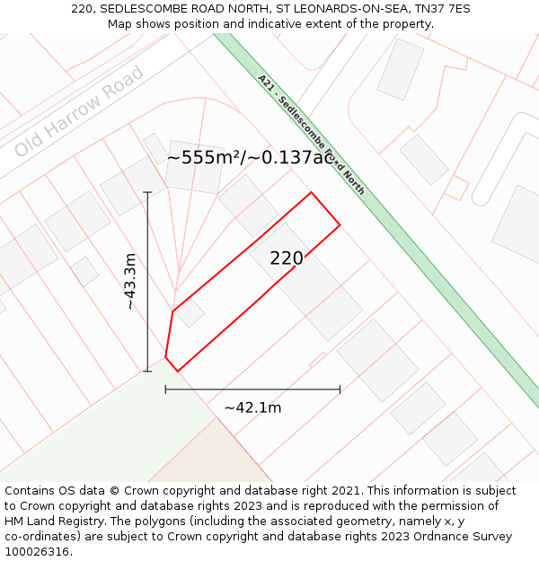 220, SEDLESCOMBE ROAD NORTH, ST LEONARDS-ON-SEA, TN37 7ES: Plot and title map