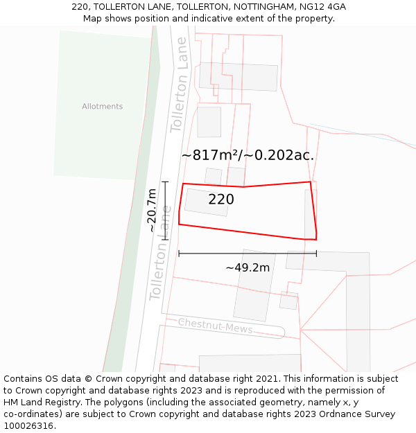 220, TOLLERTON LANE, TOLLERTON, NOTTINGHAM, NG12 4GA: Plot and title map