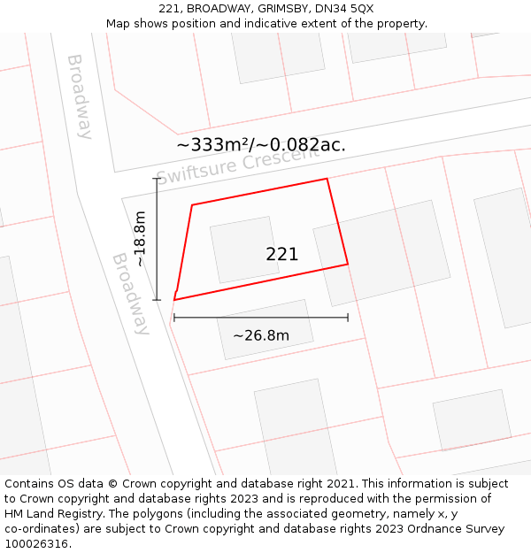 221, BROADWAY, GRIMSBY, DN34 5QX: Plot and title map