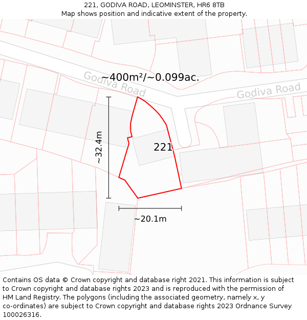 221, GODIVA ROAD, LEOMINSTER, HR6 8TB: Plot and title map