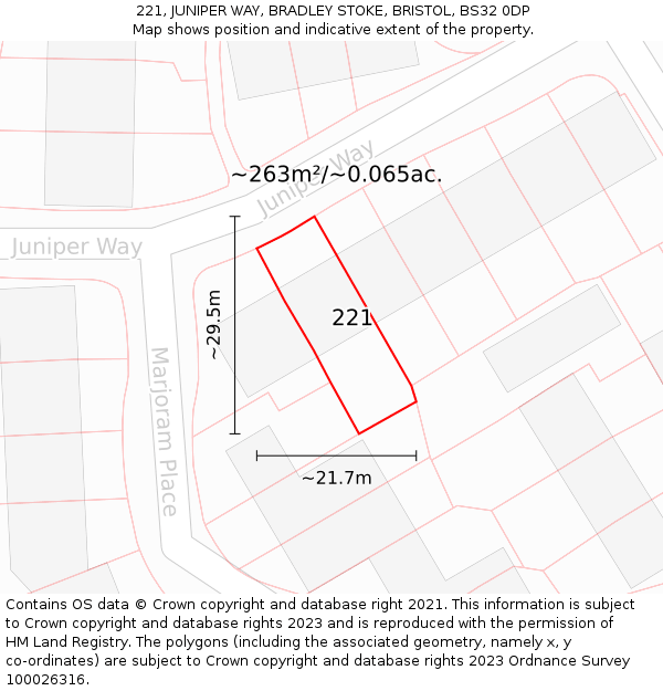 221, JUNIPER WAY, BRADLEY STOKE, BRISTOL, BS32 0DP: Plot and title map