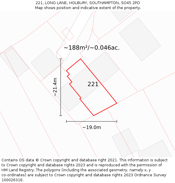 221, LONG LANE, HOLBURY, SOUTHAMPTON, SO45 2PD: Plot and title map