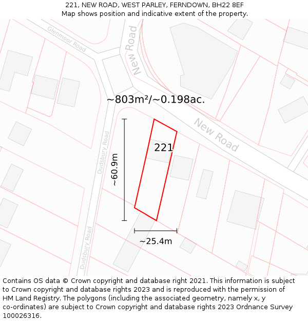 221, NEW ROAD, WEST PARLEY, FERNDOWN, BH22 8EF: Plot and title map