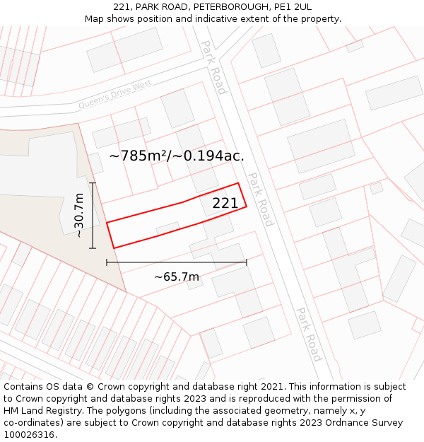 221, PARK ROAD, PETERBOROUGH, PE1 2UL: Plot and title map