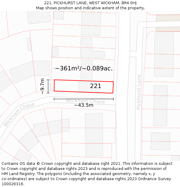 221, PICKHURST LANE, WEST WICKHAM, BR4 0HJ: Plot and title map