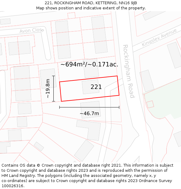 221, ROCKINGHAM ROAD, KETTERING, NN16 9JB: Plot and title map